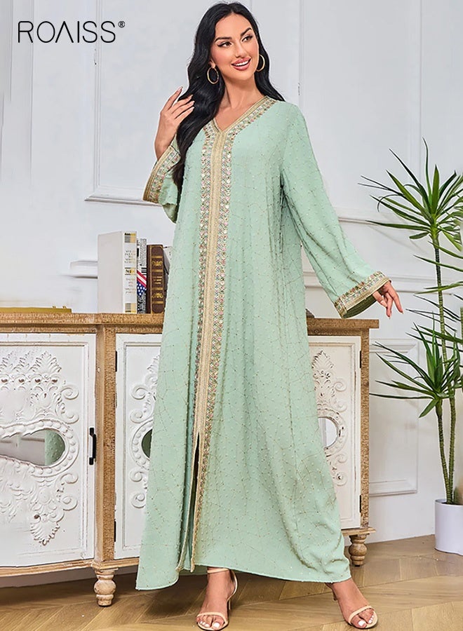 roaiss Women's V-Neck High Waist Long Sleeve Maxi Dress, Elegant Embroidered Trim A-Line Dress, Breathable Polyester Wide Sleeve Loose Dress, Boho Modest Ethnic Style Dress for Spring Vacation Holiday Festival Resort Daily Wear, Light Green - Image 4